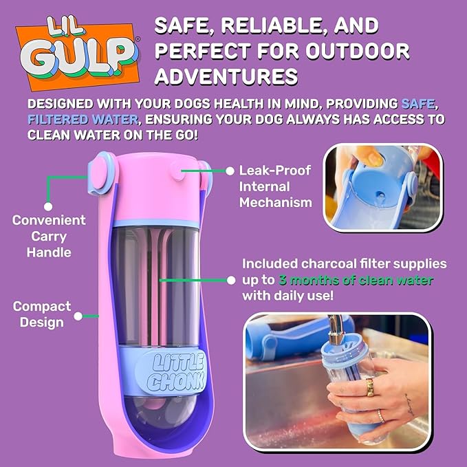 Lil Gulp Water Bottle | Advanced Carbon Filtration for Safe Filtered Water on The Go | BPA-Free Leak-Proof Portable Dog Travel Water Bottle with Retractable Water Spout, 15 Fl oz - Sherbet Soaker