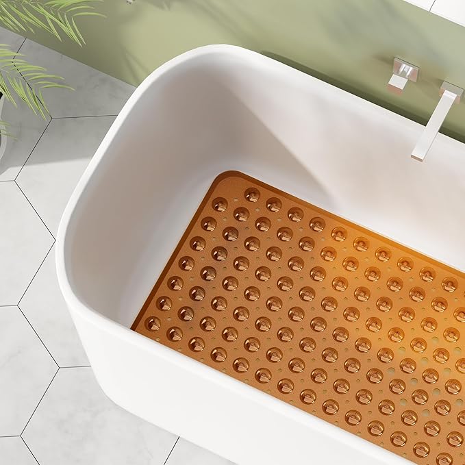 AmazerBath Shower Mat Non Slip 40 x 16 Inches, Shower Stall Mats with Suction Cups and Drain Holes, Non Slip Bath Mat for Tub for Elderly & Kids, Clear Brown