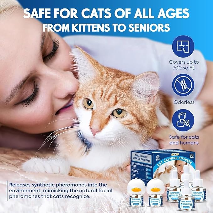 Cat Calming Pheromones Diffuser: 6-in-1 Kit Cat Appeasing Pheromone Diffuser to Calm (2 Plugin+4x48ml Refills) for Comfort Reduces Stress Anxiety, Long-Lasting Appeasing Pheromone for Pet Cat (6in1)
