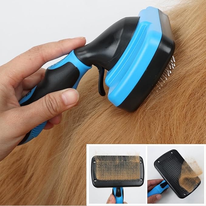 PETIMP STORE Dog Brush Kit for Grooming Short & Long Haired Dogs & Cats, 4-in-1 Pet Grooming Set with Self-Cleaning Slicker Brush, Deshedding Tool, Shampoo Bath Comb, Massge Comb (Blue Black)