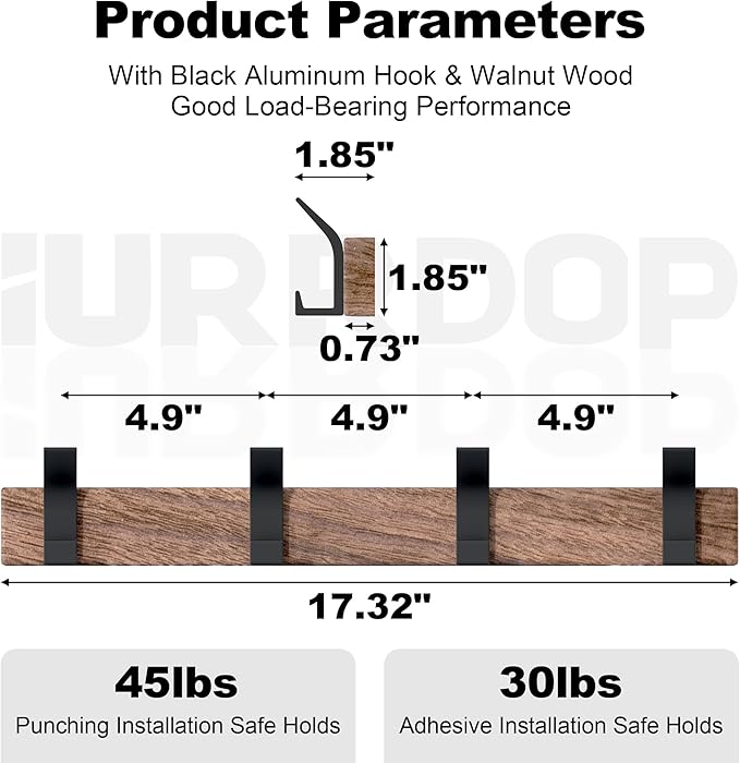 IURRDOP 17 Inch Black Walnut Wood Wall Mounted Coat Rack with 4 Black L Hooks, Adhesive Mounted Entryway Hooks, Modern Natural Wooden Pegs for Hanging Coat Clothes Hat Bag Purse Key and Towel