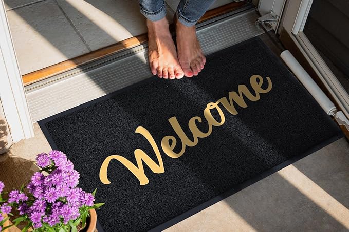 T.HENV Welcome Mat Outdoor Indoor, 32x20, Black-Gold, Non Slip, Waterproof, Quick Dry