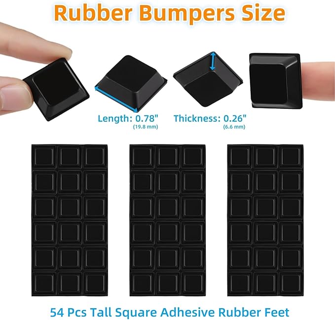 Furnigear Rubber Feet Self Adhesive Pads Door Bumpers Large - Stick on Feet for Electronics, Speakers, Furnitures, Appliances, Audio Equipment, Laptop - Black Tall Square (54pcs)