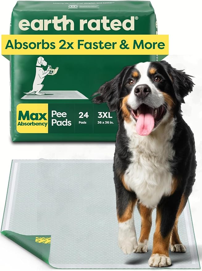 Earth Rated Max Absorbency Puppy Pee Pads for Dogs Absorbs 2X Faster & 2X More, Leak-Proof, Odor Control Potty Training, Unscented, 3XL, 36” x 36”, 24 Count