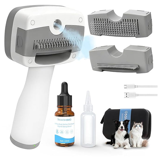 Pet Steam Brush for Dogs & Cats,5-in-1 Self-Cleaning Dog Steam Brush with 3 Swap-in Heads (Grooming, Dematting, Deshedding),Cat Spray Hair Removal Comb,Includes Pet Essence & Storage Case