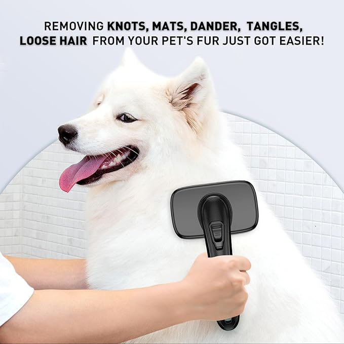 Dog Brush for Shedding & Grooming for Dogs, Cats, and Puppies - Self Cleaning Shedding Brush for Long and Short Haired Lengths Sensitive Pets, Black