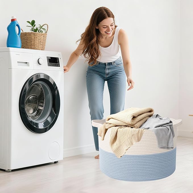 90L Large Blanket Basket,21.7"L x 21.7"W x 13.8"H Rope Woven Baskets with Handles, Toys Storage Bins,Laundry Basket Perfect for Living Room, Nursery,Bedroom,Home Organization,White&Blue