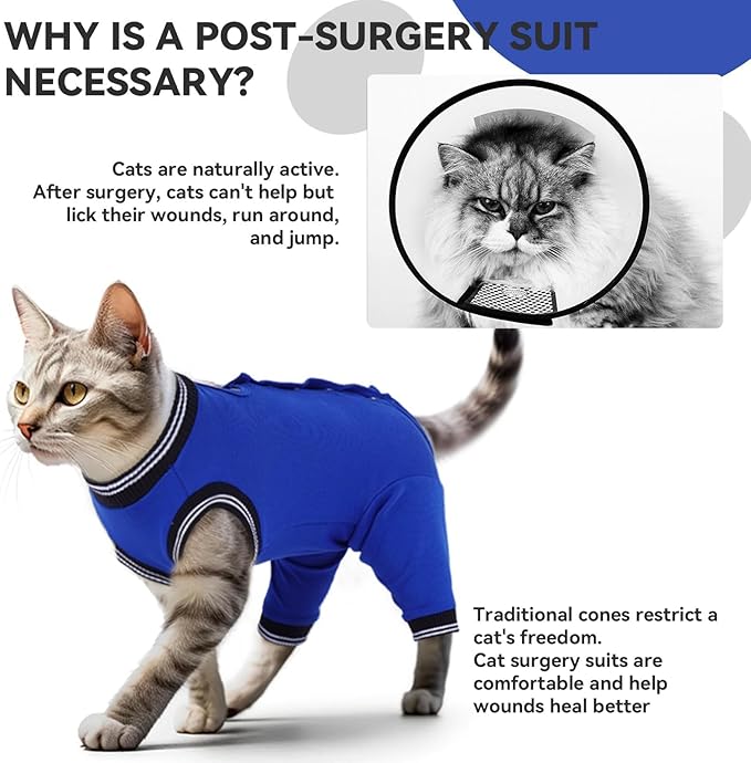 T'CHAQUE Cat Surgery Recovery Suit for Female Male, Cat Onesie Pet Surgical Pajamas Hind Legs Long Sleeve, Abdominal Wound Skin Diseases, E-Collar Alternative, Spay/Neuter Recovery Suit, RoyalBlue-L