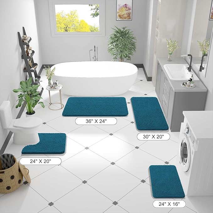 OLANLY Bathroom Rugs 24x16, Extra Soft Absorbent Chenille Bath Rugs, Rubber Backing Quick Dry, Machine Washable Bath Mats for Bathroom Floor, Tub and Shower, Home Decor Accessories, Peacock Blue