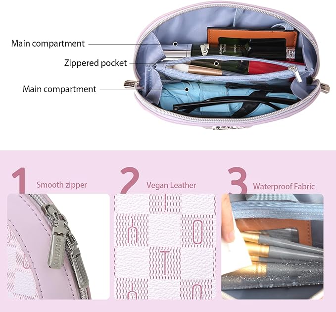 BOYATU Small Travel Makeup Bag for Women: Elegant Vegan Leather Cosmetic Pouch for Purse - Waterproof Toiletry Bag with Mirror(021-Purple)