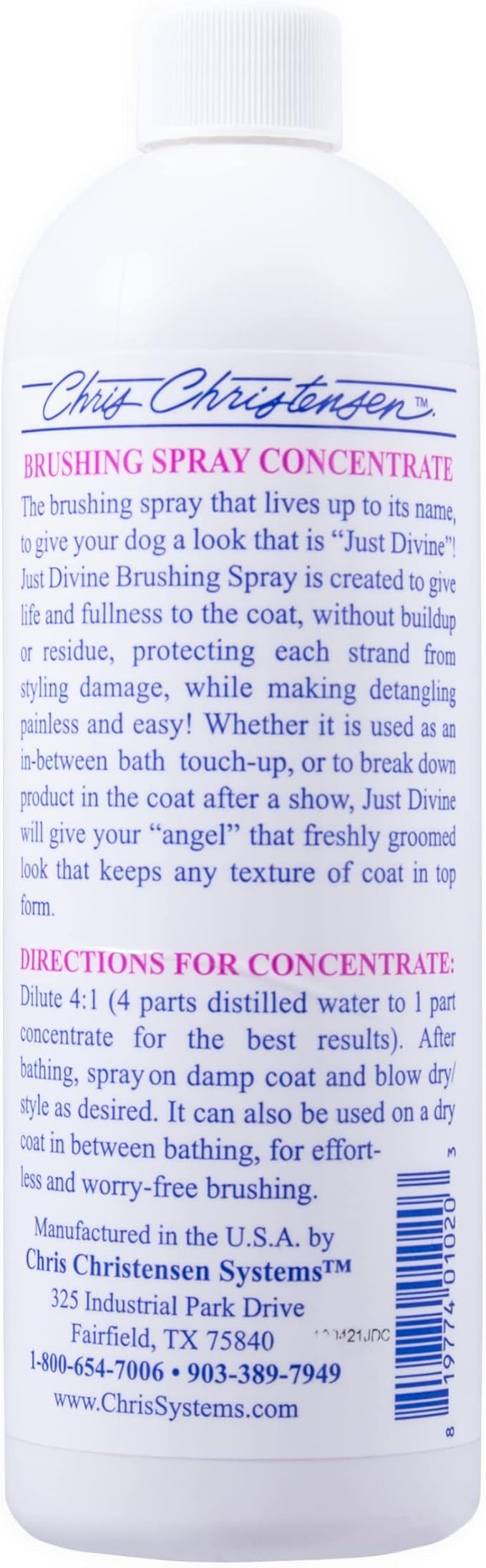 Chris Christensen Just Divine Dog Brushing Spray Concentrate, Groom Like a Professional, Prevents Brushing Damage, Light Detangler, All Coat Types, Made in USA, 16oz
