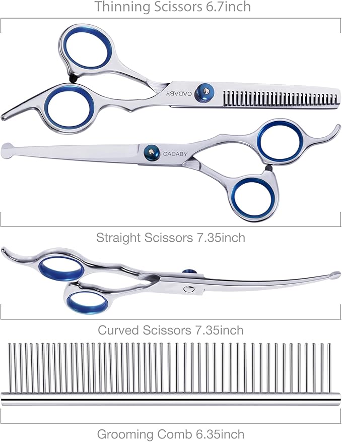 CADABY Dog Grooming Scissors with Safety Round Tips, 5 in 1 Dog Grooming Scissors Kit, 4CR Stainless Steel Professional Pet Grooming Shears for Cat, Sharp and Sturdy