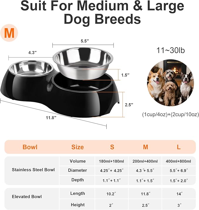 PetVillage Double Dog Bowls Set – Non-Slip Pet Food & Water Dishes with Resin Stand, Includes Small (1 Cup) & Medium (2 Cups) Bowls – Ideal for Puppies and Cats –Black