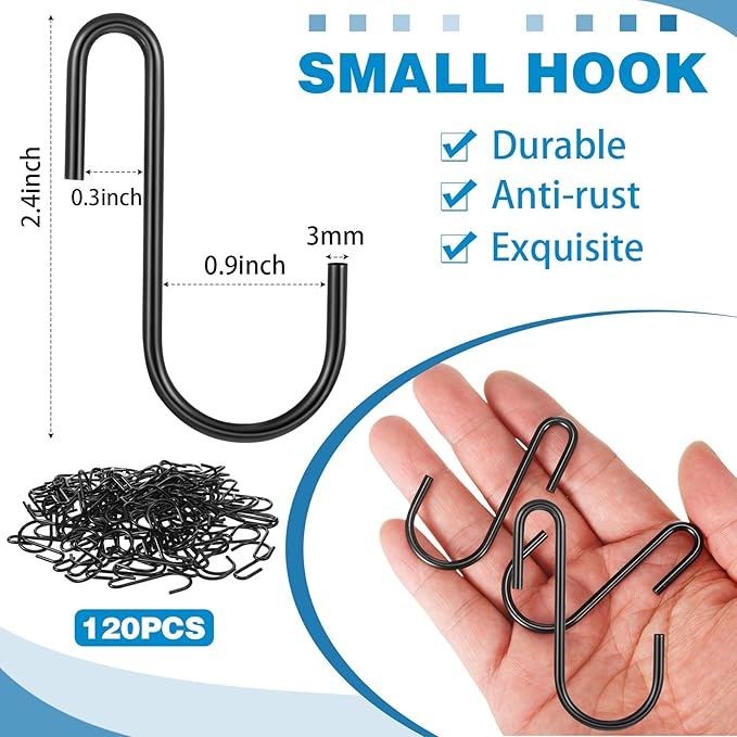 Sratte 120 Pieces Small S Hooks for Hanging Heavy Duty Mini S Shaped Metal Hook Hanger Ornament Storage Hooks for Plants DIY Craft Hanging Pot Jewelry Key Chain Tags Kitchenware(Black, 2.4 Inch)