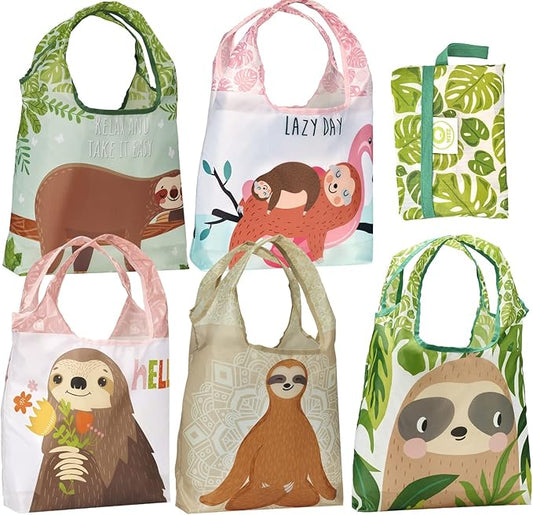 O-WITZ Reusable Grocery Bags | Vibrant Tote Bag For Groceries, Gym, Beach Gear, Toys & More | Washable Design With Large Handles For Maximum Convenience | Folds Into A Small Pouch, 5 Pack, Sloths