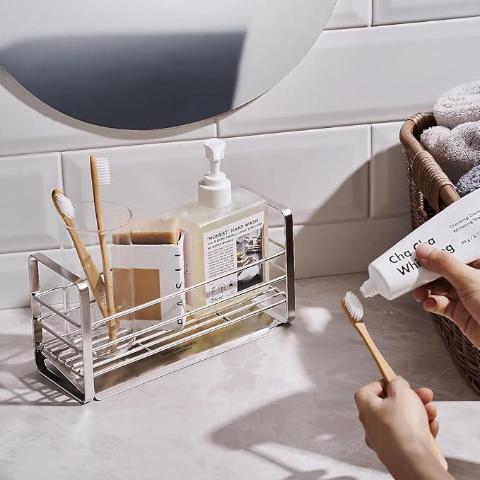 Stainless Steel Over Sink Organizer Rack, Sponge Holder, Soap Dispenser, Fast Drainage Kitchen Caddy with Removable Drainer Tray, Washbasin Caddy, Sink Drying Rack with Sloped Design