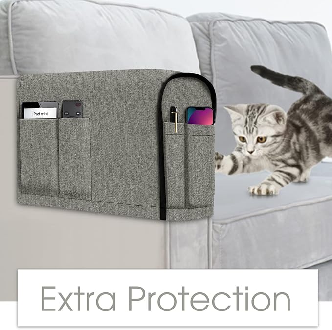 Joywell Arm Chair Covers for Living Room Anti-Slip Sofa Arm Protector for Dogs, Cats, Pets Armchair Slipcover for Recliner with 4 Pockets for TV Remote Control, Phone, Set of 2, Light Grey