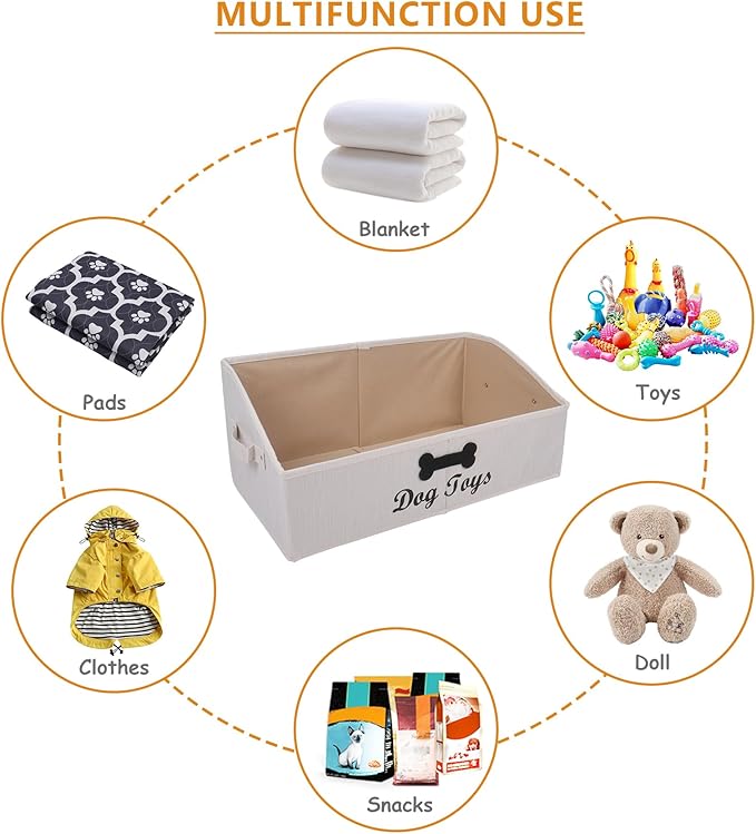 Large Dog Toy Basket Collapsible Dogs Toy Box Fabric Trapezoid Dog Toys Bin Storage for organizing pet Toys/Blankets/leashes/Rope Toys/Clothing-Can be Personalized-Slub Beige