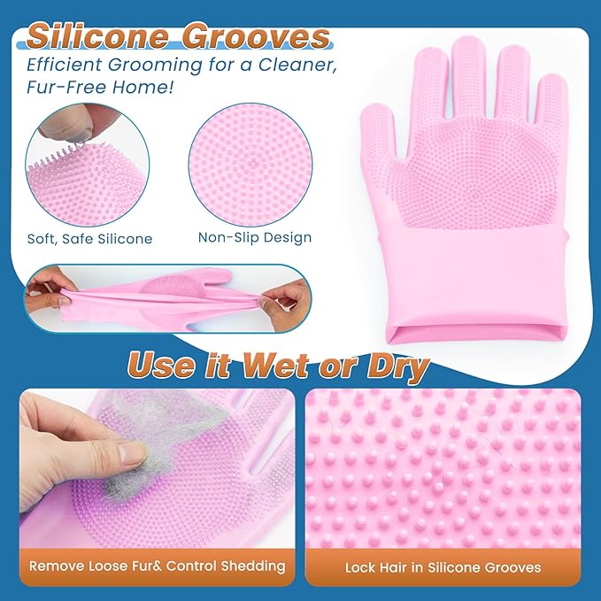 MIYIJHY 7-Piece Pet Grooming Kit with Storage Bag | Portable Bathing Set for Dogs & Cats | Includes Silicone Gloves, Deshedding Brushes & Finger Toothbrushes | All-in-One Pet Care (Pink)