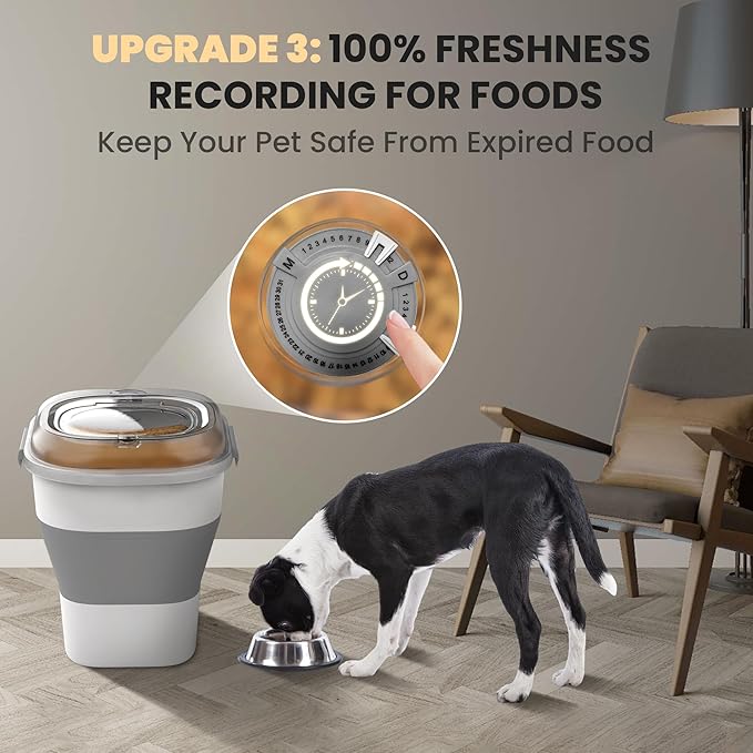 DDMOMMY 32-35 Lbs Dog Food Storage Container,Collapsible Dog Food Container with Transparent Airtight Lid,Wheels,Date Track,Pet Food Storage Container for Rice,Flour,Sugar,Scoop And 2PCS Containers