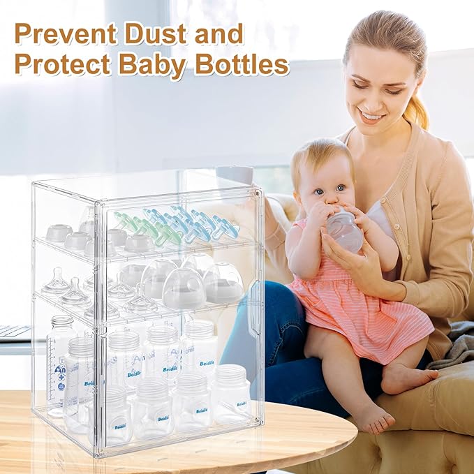 ERTIUANIO Baby Bottle Organizer – 3 Tier Bottle Storage Organizer Baby for Nipples, Pump Parts, Food Jars – Clear Acrylic Bottle Station Organizer for Countertop and Kitchen, Gifts for New Mom