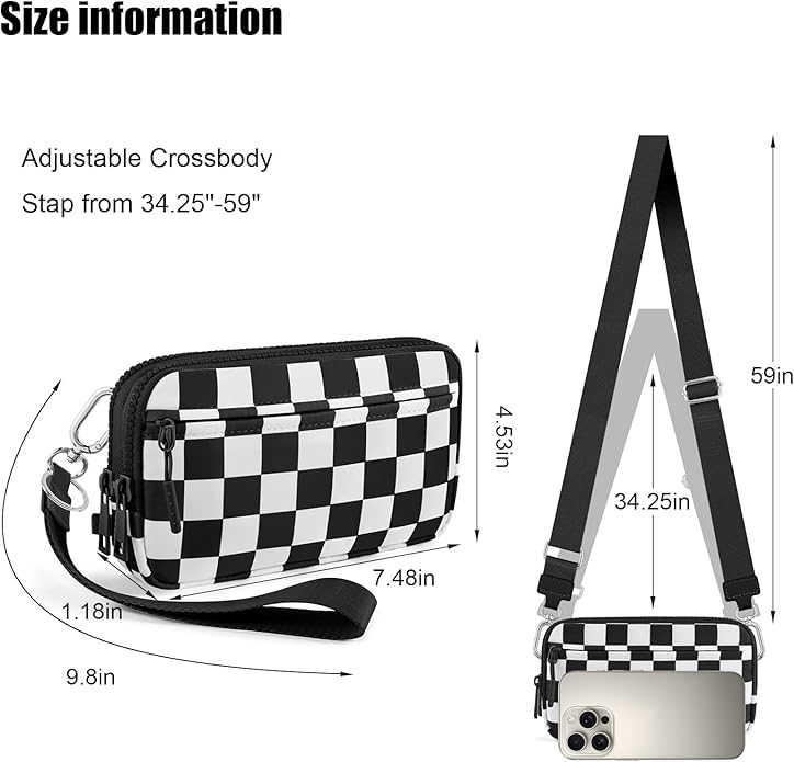 Checkered WristleWallets for Women, RFID Wallet Crossbody with 4 Zippers, Credit Card Holder Cell Phone Organizer