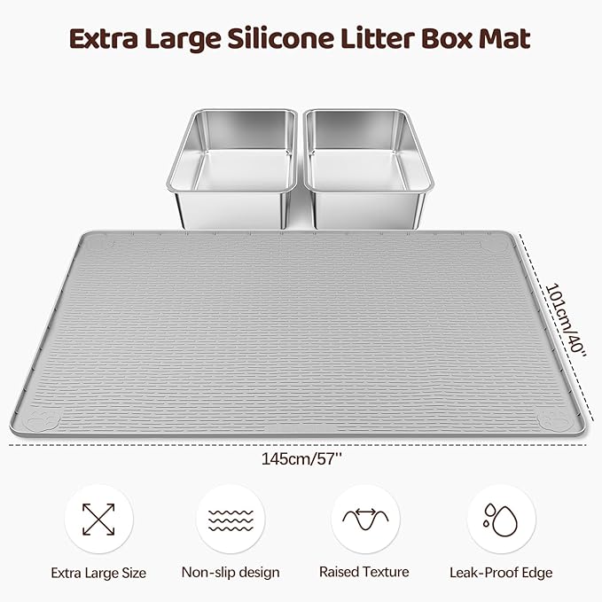 Bartuke Cat Litter Mat, XL Extra Large 57" x 40" Silicone Mat Litter Trapping Mat for Scatter Control, Soft on Kitty Paws, Easy to Clean (Light Grey)