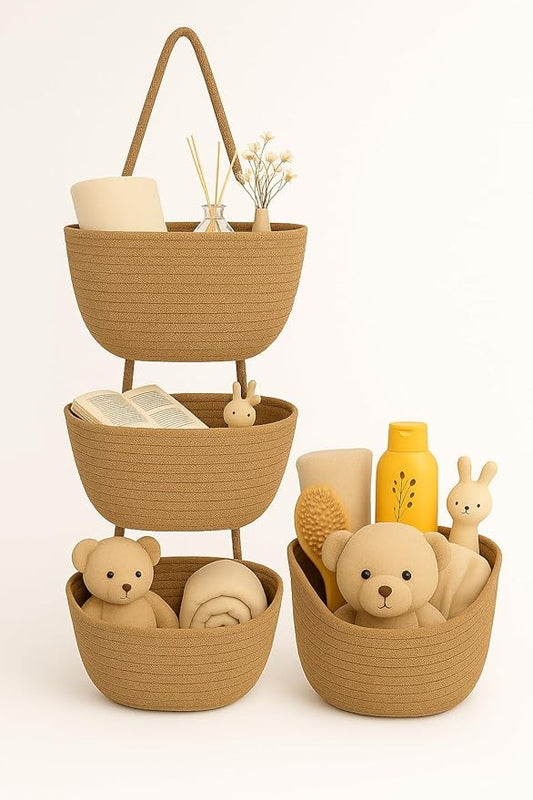 Japanese Handmade Cotton Rope Hanging Basket Organizer – 3 Tier Wall boho Storage Organizer for Toys , Snacks & Décor – Eco-Friendly Coiled Weaving Craft, Housewarming & Shower Gift (brown)