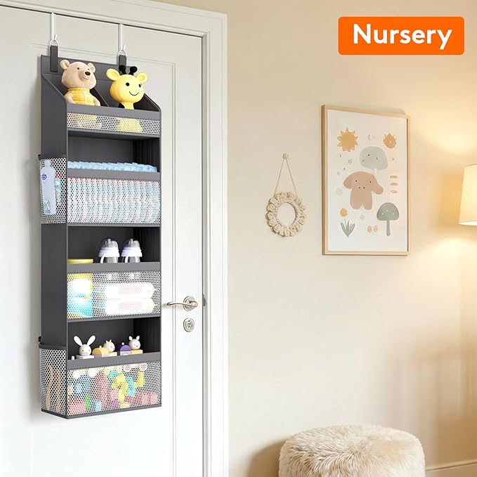 Lifewit 4 Tier Over the Door Diaper Organizer for Nursery, Large Heavy Duty Hanging Storage with 4 Mesh Side Pockets, Sturdy Back of Door Shelf for Baby Stuff Toy in Pantry, Laundry, Bathroom, Gray