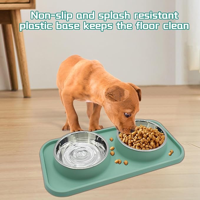 MUYG Double Dog Food Bowls Stainless Steel with No Spill Non Skid Silicone Mat Removable Dog Water and Food Bowls Set Durable Feeding for Small Dogs Puppy Cat Kitten(Blue)