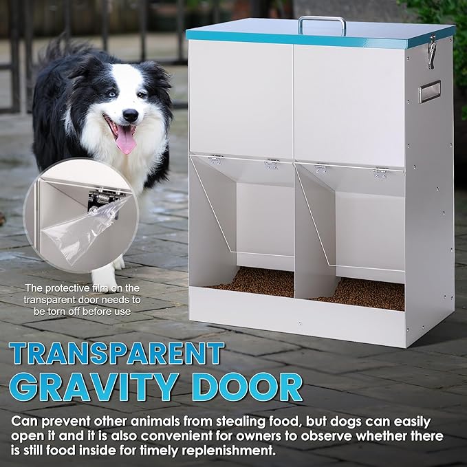 46lbs Automatic Dog Feeder for 2 Dogs Large Breed Dog Food Dispenser Outdoor Gravity Dual Pet Feeder Galvanized Steel Hangable Outside Pet Feeding Station
