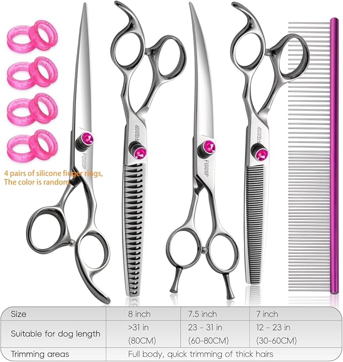 Dog Grooming Scissors Kit 8 in Professional Curved Thinning Straight Chunker Shears and Comb 5pcs Set for Grooming Big Dogs Poodle Pet Japan 440C Stainless Steel(8.0'',Kit)