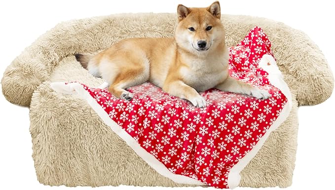 GGIB Calming Dog Bed Christmas Throw Blanket Fluffy Plush Dog Mat for Furniture Protector Decoration Holiday Throw for Sofa Couch Cover for Large Medium Small Dogs Cats (Medium, Beige)