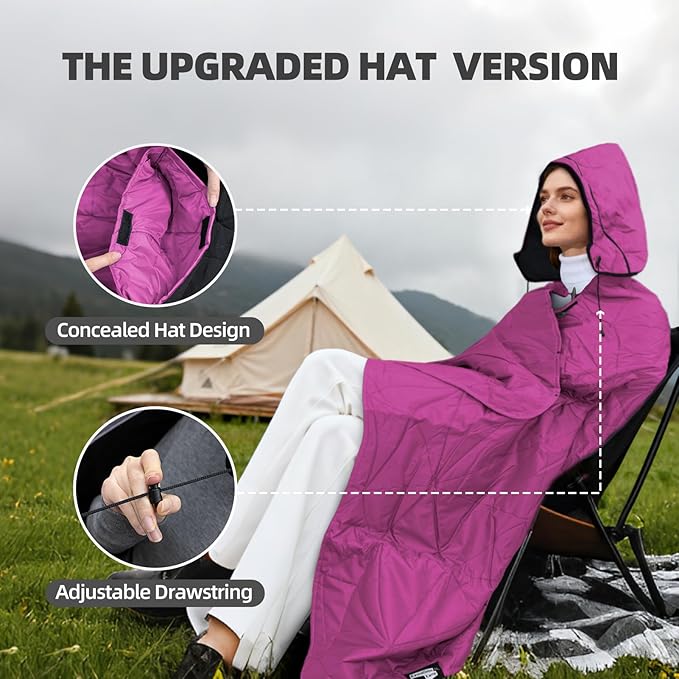 KawaGebo Kamp Outdoor Waterproof Blanket, Foldable Fleece Stadium Blanket for Outdoor Sports Event, Camping, Car, Pet, Picnics - Windproof, Wearable, Machine Washable 80" x 58" (Rose Purple,Hooded)