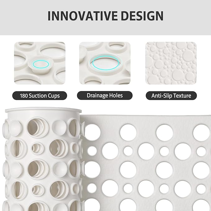 XIYUNTE Shower Mat Non Slip Bath Mat for Tub - 35" x 16" Soft TPE Bathtub Mat Non Slip Shower Mats for Inside Shower, Anti Slip Shower Mat with Suction Cups, Quick-Drying Bath Tub Mat, White