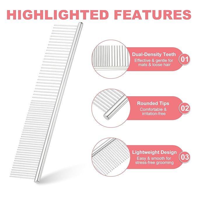 PETAXCELL Dog Cat Comb, Pet Combs Stainless Steel Teeth with Rounded Ends for Knots Mats Loose Hair Removal, 6.5/7.5IN (Silver, 2 Pack), Grooming Tool Intended for Long Curly Hair Pet
