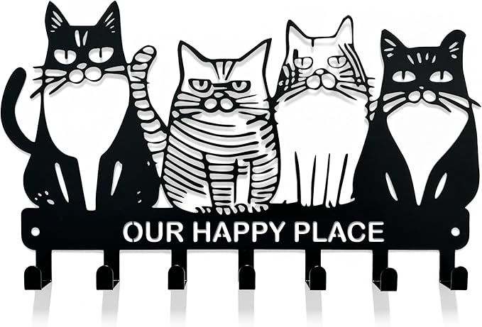 Key Holder for Wall, 11.88'' x 7'' Black Metal Cat Shape Decoration Key Hook Wall Mount Key Rack Hanger Storage Organizer with 7 Hooks for Home Doors Entryway Kitchen Garage Decor
