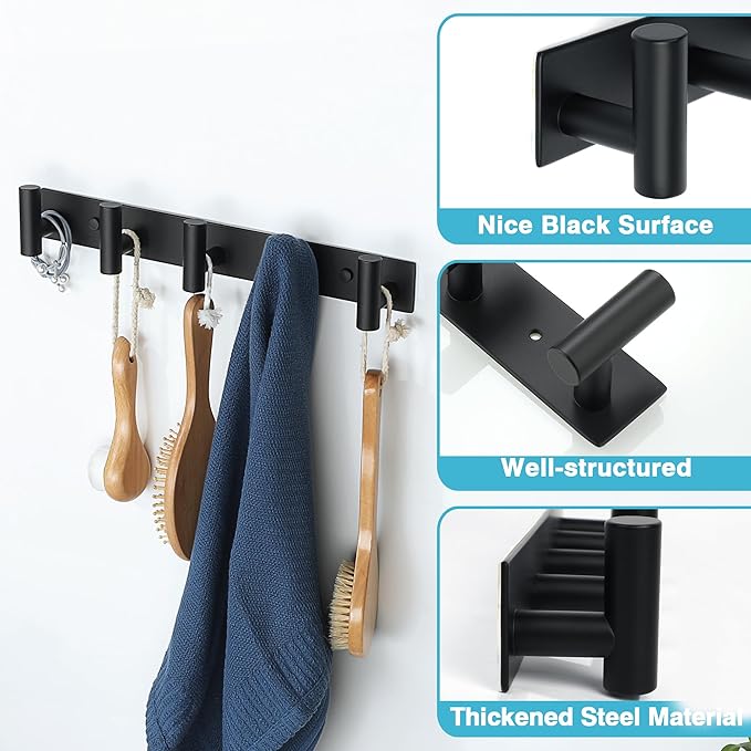 Alise Black Towel Hooks Towel Robe Coat Hook Rail with 5 Hooks Wall Mount Key Hooks for Coat Hat Towel Purse Robes Mudroom Bathroom,SUS304 Stainless Steel Wall Hooks Self Adhesive and Drilling