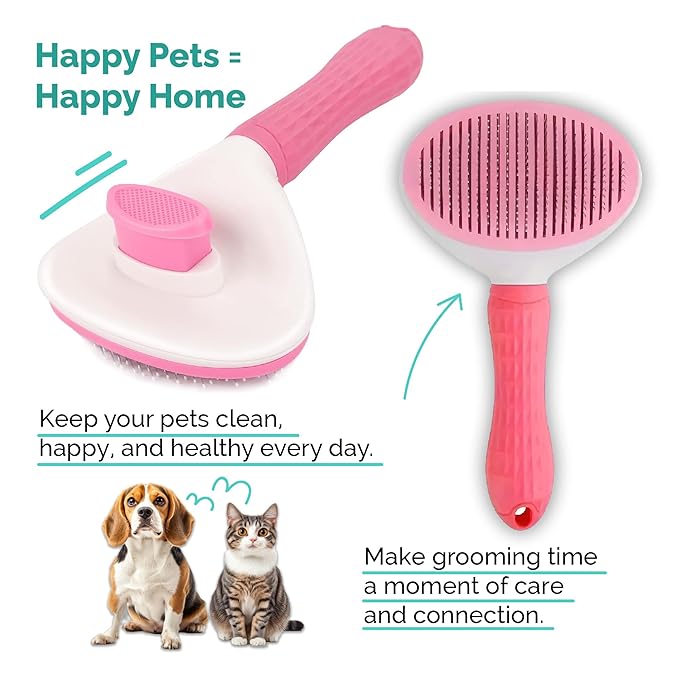 PETS-LAMB Self-Cleaning Dog and Cat Grooming Brush, Suitable for Long or Short Hair, Loose Hair Removal Brush, Easy to Remove, Pet Massage Tool. (Pink)
