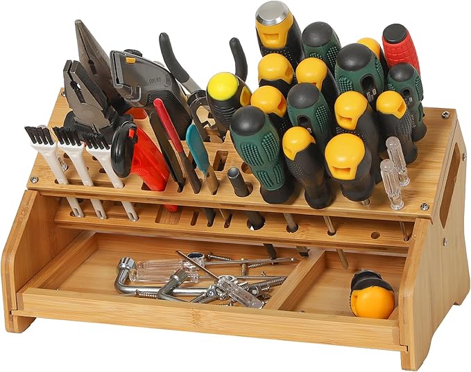 Bamboo Screwdriver Organizer - Tool Storage Organizer Workbench Desktop Rack - Hand Piler Tools Storage Holder (Bamboo, 1)