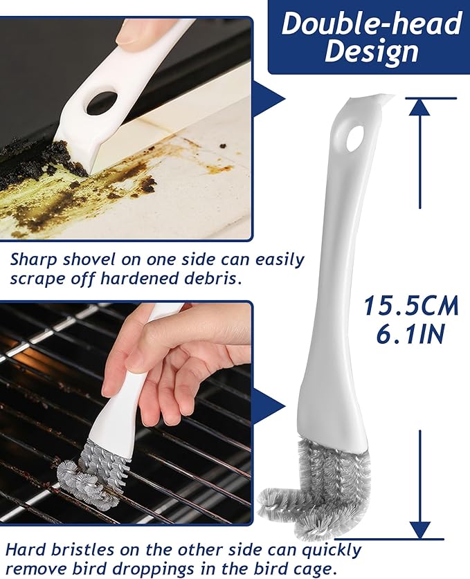 Upgrade 6PCS Cage Cleaner Set,2-in-1 Stainless Steel Pet Cage Brush,Bird Poop Remover,Dual Head Brush,Long Handle Scraper,Small Animals House Cleaning Accessories,Mini Dustpan and Broom Set (6PCS-1)