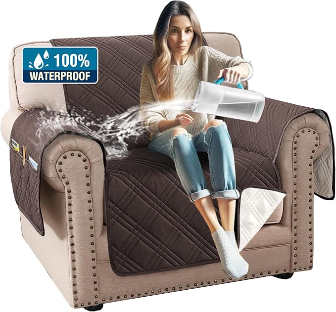 H.VERSAILTEX 100% Waterproof Arm Chair Covers Modern Sofa Chair Covers for Pets Stay in Place Furniture Protector with Elastic Straps(Chair,Chocolate/Beige)