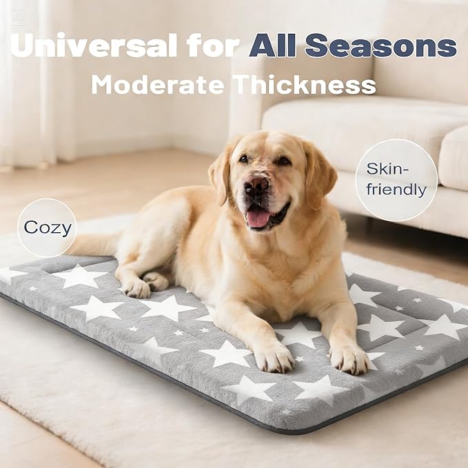 Fogkiss Dog Bed Mat, Reversible Dog Crate Pad with Washable Kennel Mat and Soft Foam, Pet Bed for Dogs & Cats, for Crates Carriers & Travel(Big&Small Stars Grey, 35" L*23" W*1.5" Th)