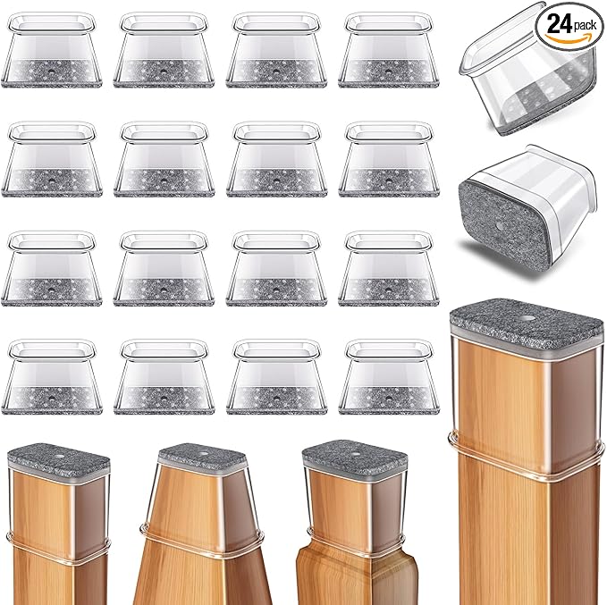 24 Pcs Chair Leg Floor Protectors Rectangle, Silicone Felt Furniture Leg Pads Caps Covers for Hardwood Floors, Fit L:1-1/8" to 1-1/2", W:3/4" to 1"