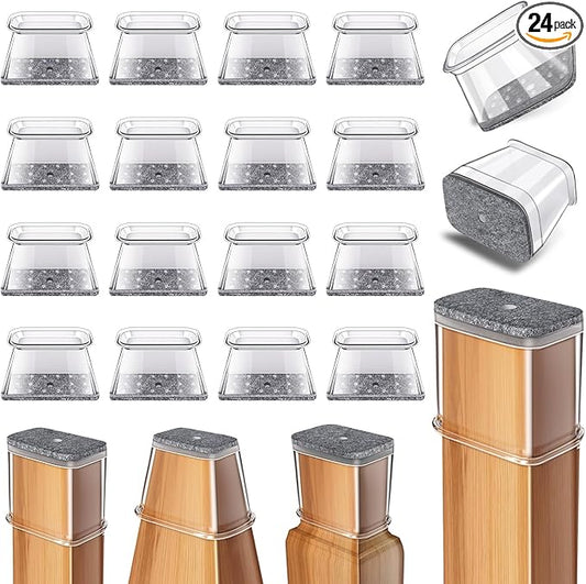 24 Pcs Chair Leg Floor Protectors Rectangle, Silicone Felt Furniture Leg Pads Caps Covers for Hardwood Floors, Fit L:1-1/8" to 1-1/2", W:3/4" to 1"