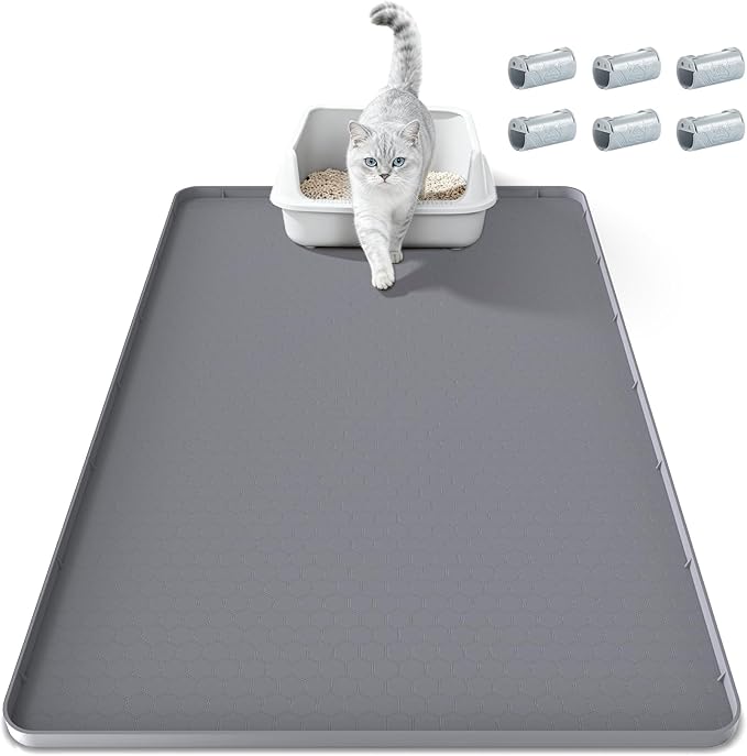 TIMOHCR Cat Litter Mat 34" X 22", Cat Litter Box Mats Waterproof Silicone Pad for Floor Pee Pad Tray Holder with Complimentary 6 Clamps