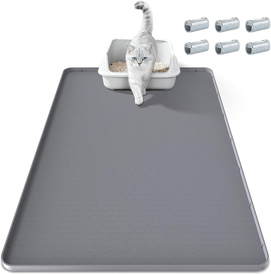 TIMOHCR Cat Litter Mat 34" X 22", Cat Litter Box Mats Waterproof Silicone Pad for Floor Pee Pad Tray Holder with Complimentary 6 Clamps
