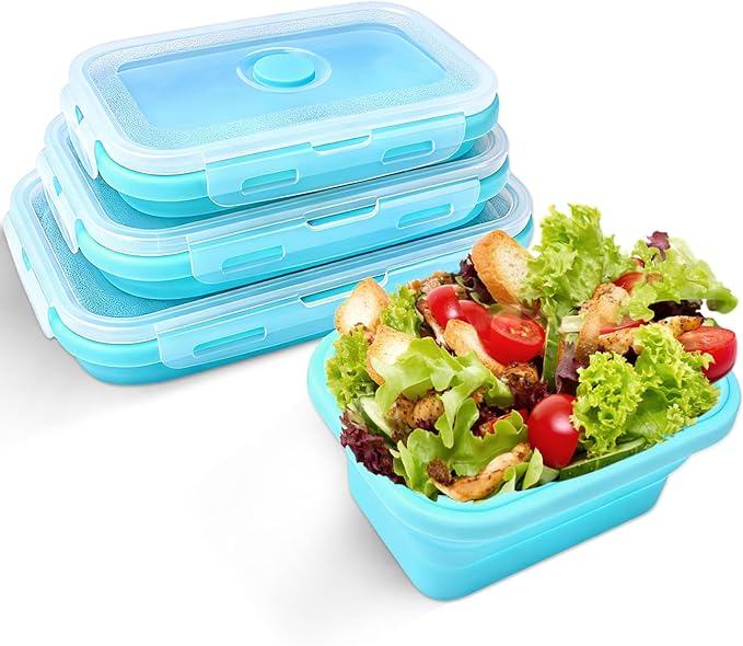 Collapsible Silicone Food Storage Containers with Lids, Collapsible Food Storage Containers, Camping Dishes,4 Pack Foldable Lunch Box for Leftovers, Meals, Snacks, Sky Blue