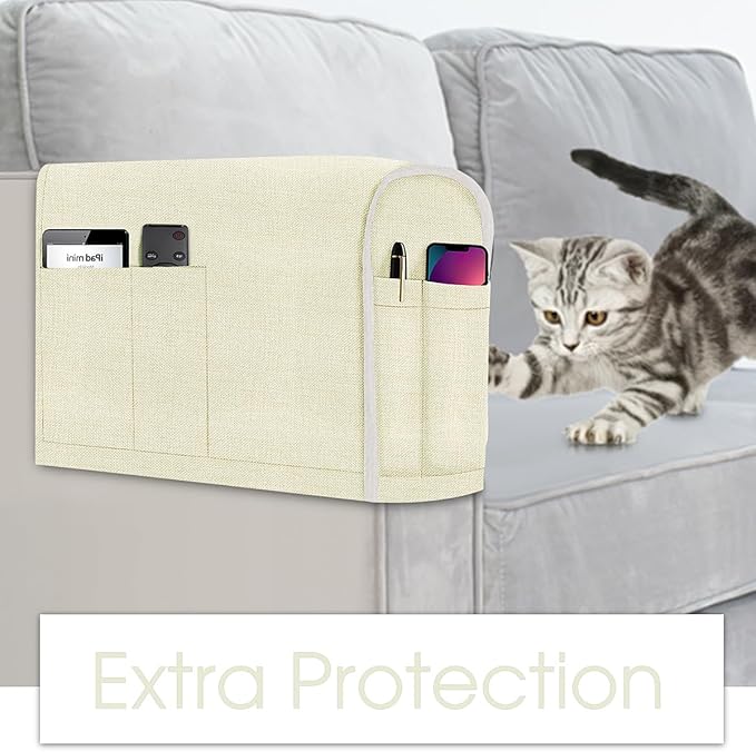 Joywell Armrest Covers for Living Room Anti-Slip Sofa Arm Protector for Dogs, Cats, Pets Linen Armchair Slipcover for Recliner with 4 Pockets for TV Remote Control, Phone, Set of 2, Beige White