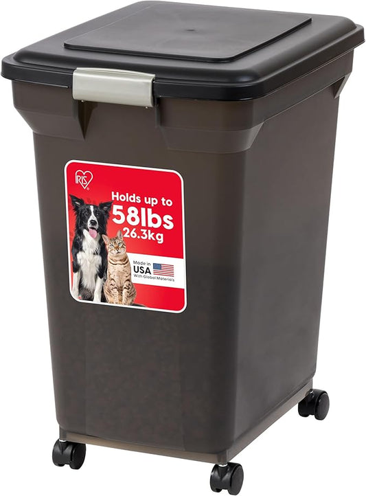 IRIS USA 58 Lbs / 67 Qt WeatherPro Airtight Pet Food Storage Container with Attachable Casters, For Dog Cat Bird and Other Pet Food Storage Bin, Keep Fresh, Easy Mobility, BPA Free, Smoke